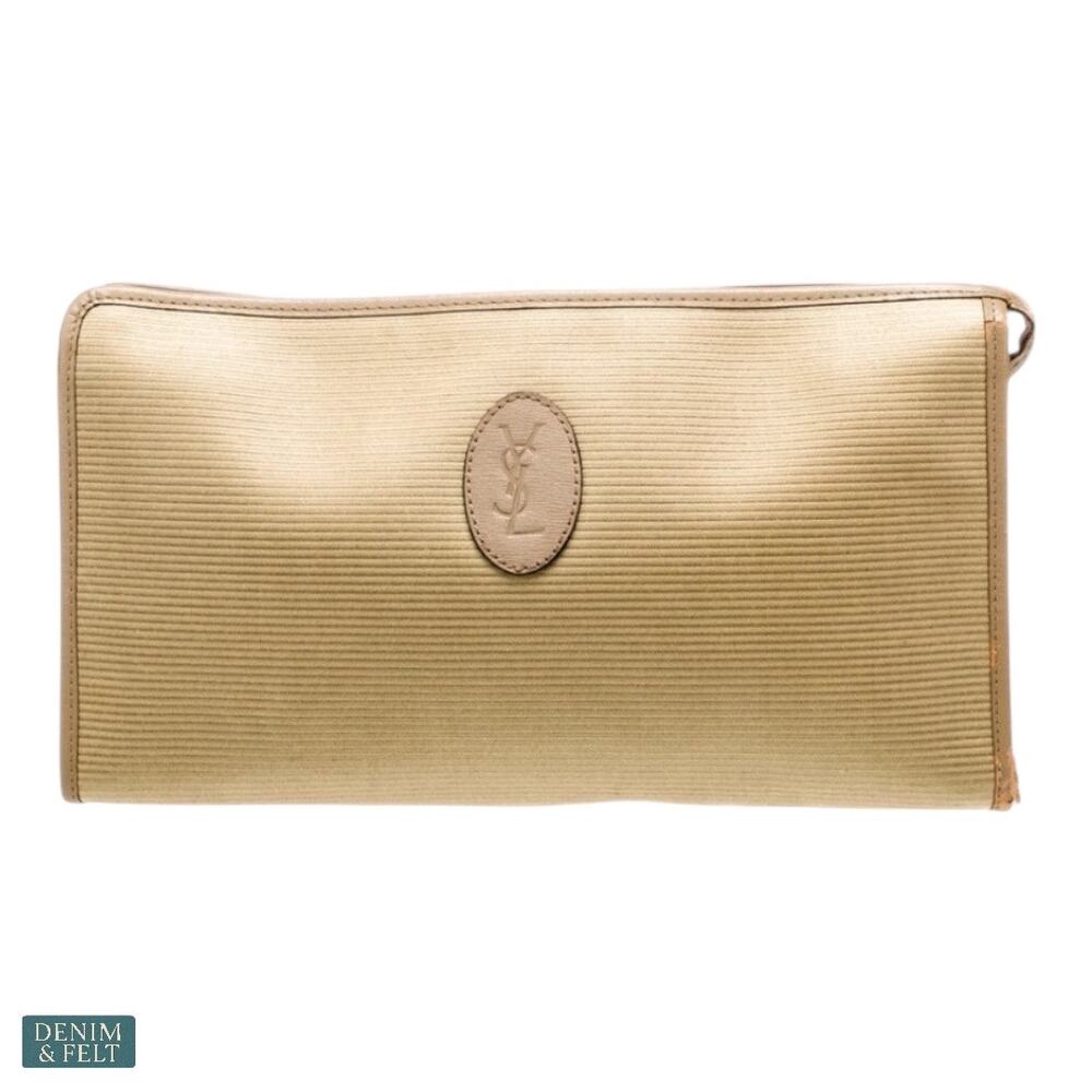 Yves Saint Laurent Brown Ribbed Clutch Travel Leather Trim Vintage Statement Bag - Picture 4 of 16